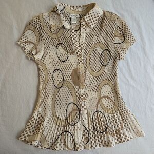 NICOLA Retro Vintage Y2K Cream and Brown Geometric Pleated Stretch Blouse